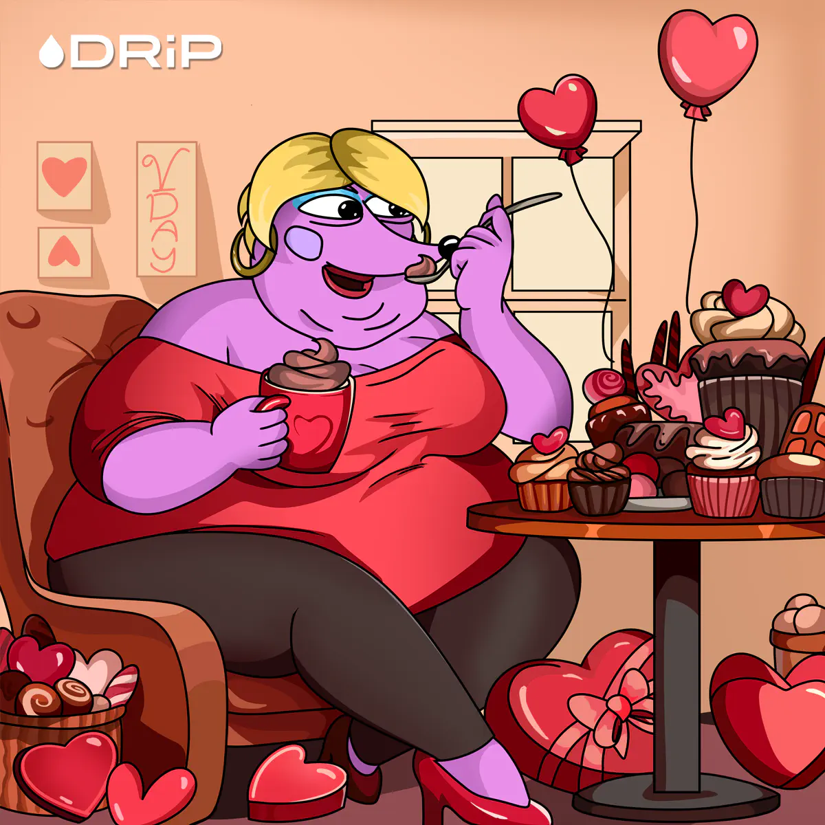 Helena binging on a table full of Valentine's sweets