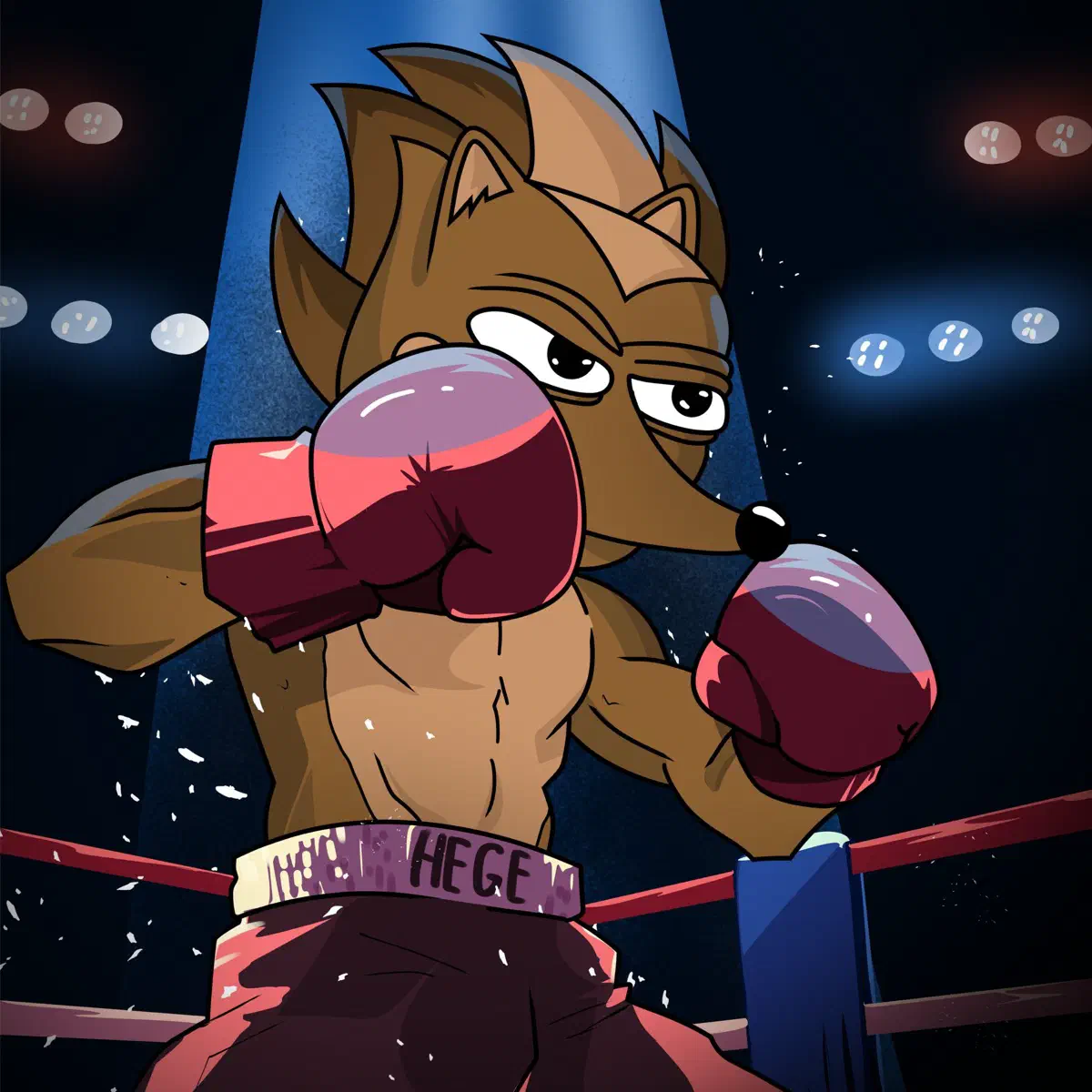 Hege in a boxing ring, wearing red gloves and red shorts, 100% determination and focus.