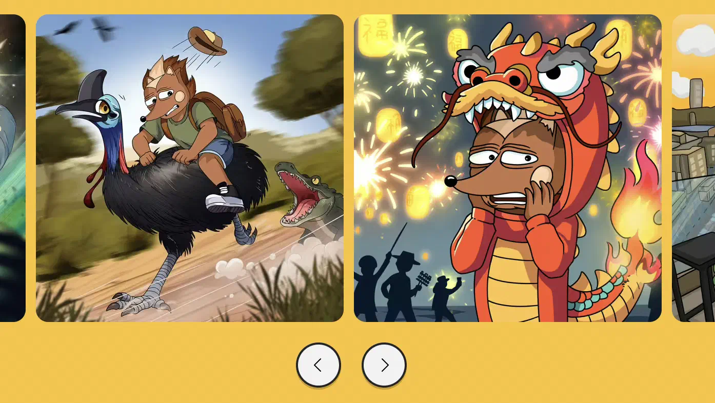 Screenshot from hegecoin.com, showing 1) Hege escaping a crocodile riding an ostrich, and 2) Hege frightened by fireworks at a Chinese festival.