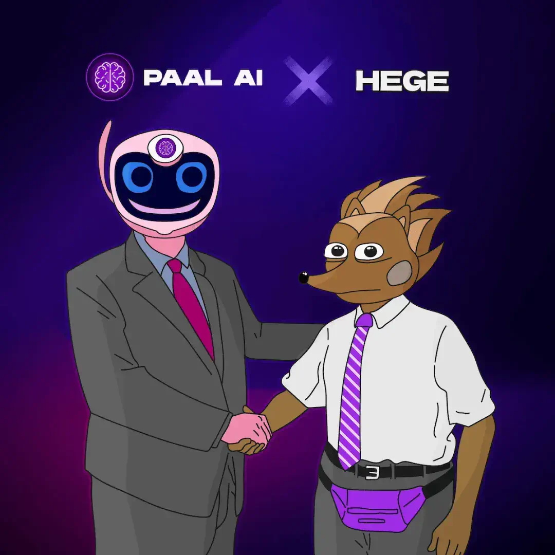 Paal AI-headed man in a grey suit to the left, shaking hands with Hege, standing to the right. Hege is dressed in white shirt, purple tie, grey pants, and is sporting a purple fanny pack.