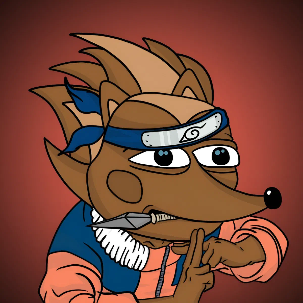 Hege wearing a blue headband, holding a knife in his mouth, making a plus sign with his fingers.